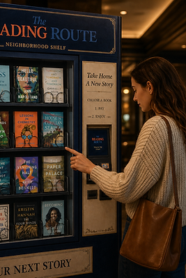 A woman browsing books at The Reading Route Neighborhood Shelf in an upscale Atlanta lobby.