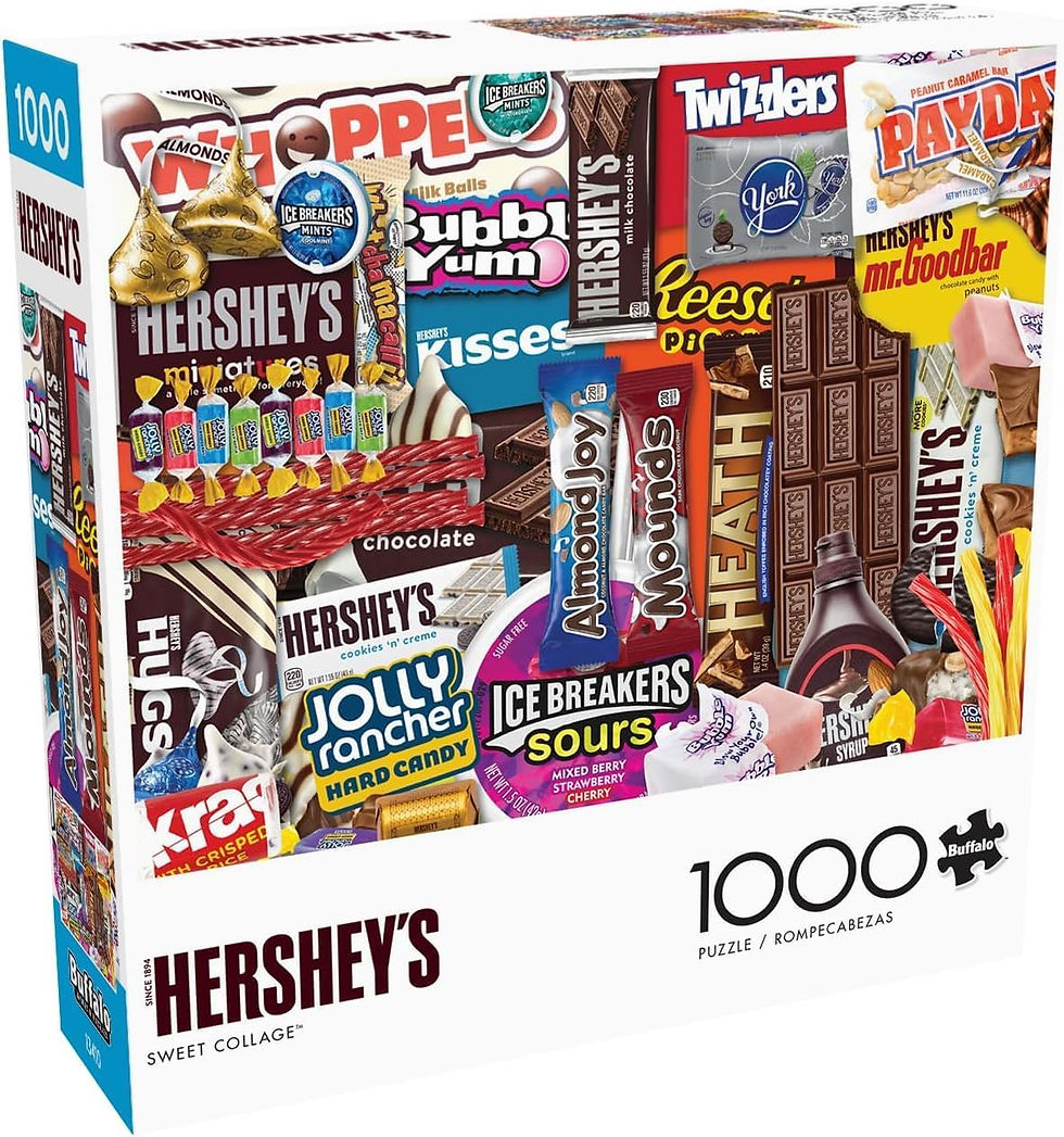 Buffalo Games Hershey’s Sweet Collage 1000-piece puzzle featuring a colorful collage of classic Hershey candy packaging.