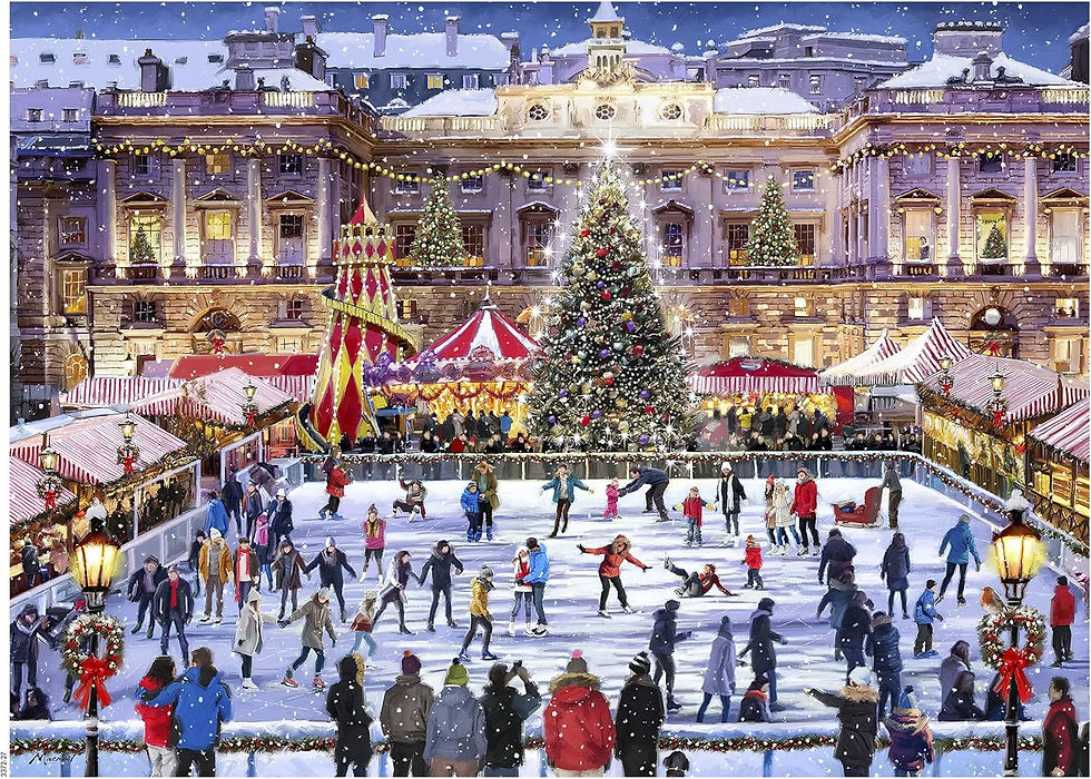 Ceaco “Winter Skating” 1000-piece puzzle showing a festive outdoor ice-skating scene with Christmas lights and a decorated tr
