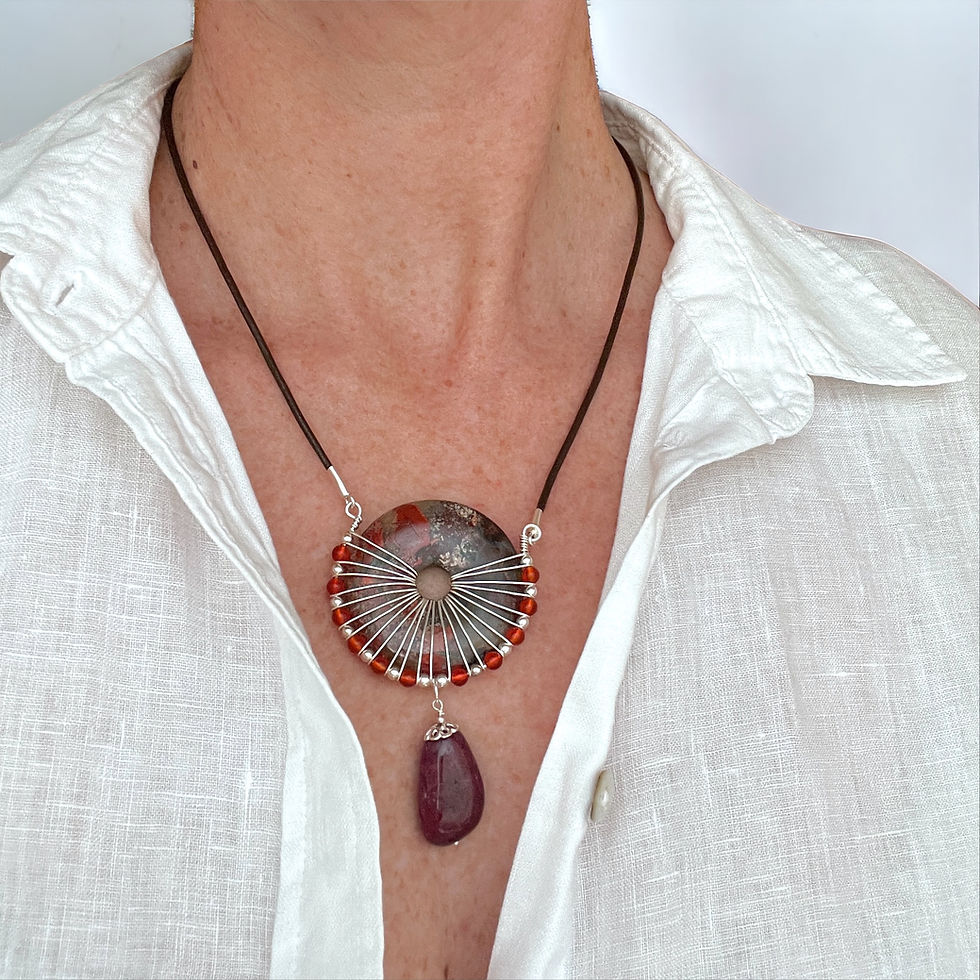 Thumbnail: Natural Brecciated Jasper and Red Ruby Pendant with Leather Cord