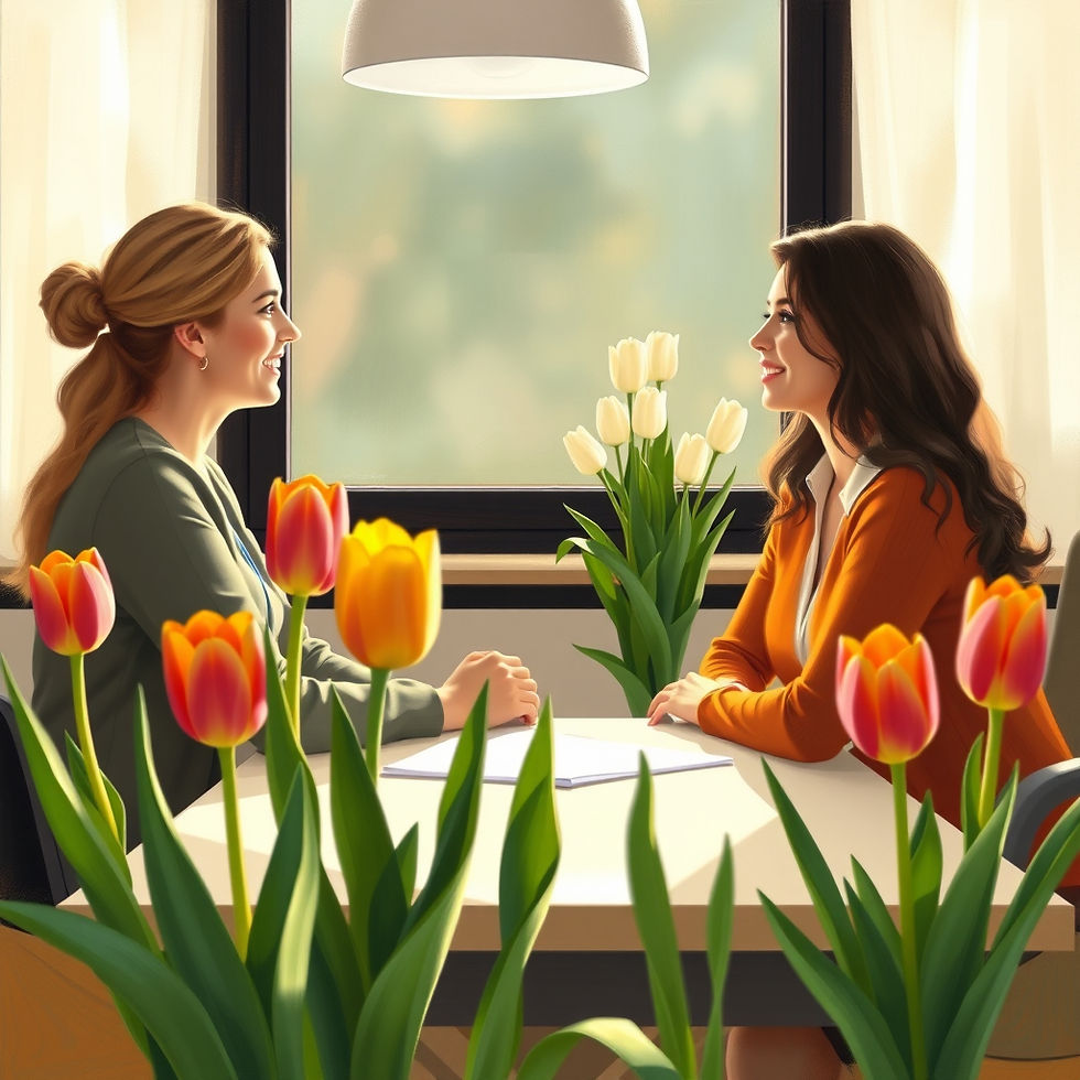 Two women sit at a desk and talk about the client's human design for more clarity and insight.