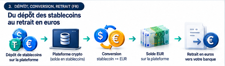 Dépôt de stablecoins, conversion en euros et retrait bancaire