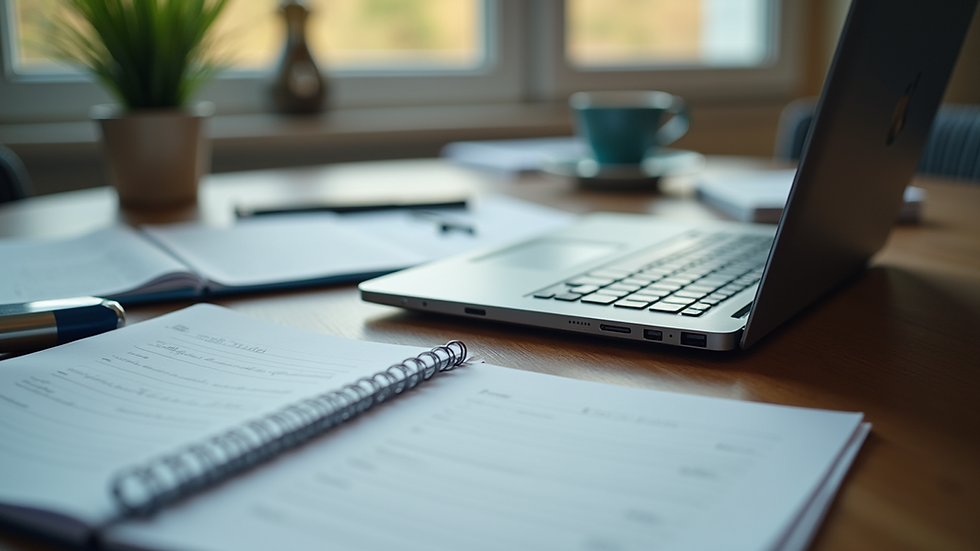 Vue rapprochée d’un bureau avec documents comptables et ordinateur portable