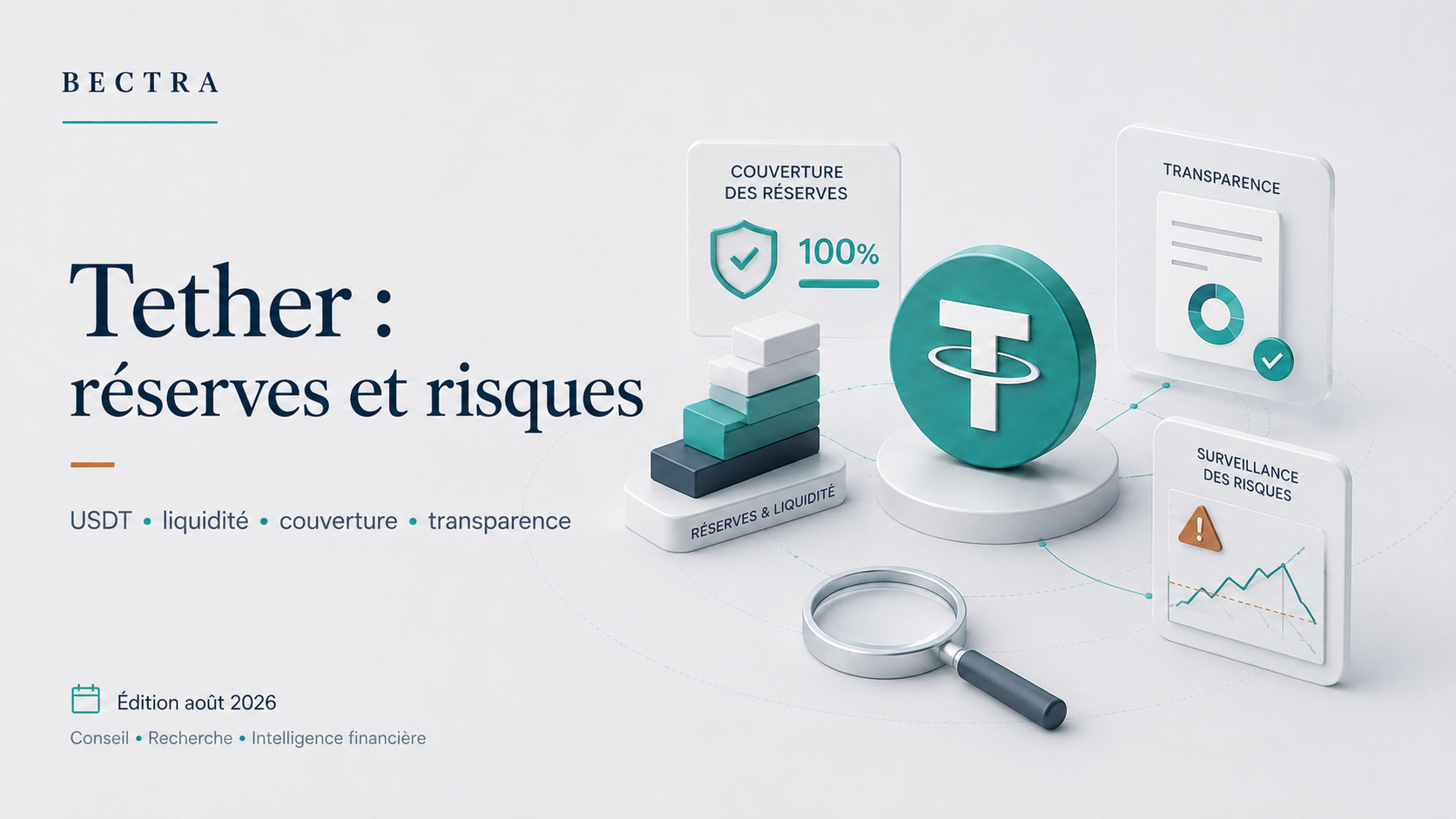 Visuel BECTRA Tether : réserves et risques, avec jeton USDT, couverture des réserves, liquidité, transparence et surveillance des risques.