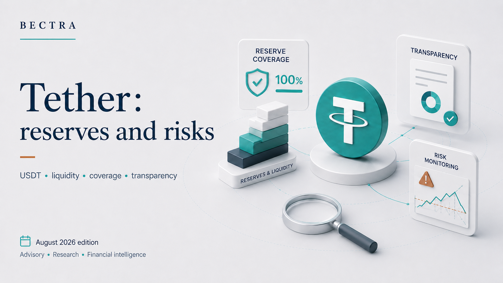 BECTRA Tether visual: reserves and risks, featuring a USDT token, reserve coverage, liquidity, transparency and risk monitoring.