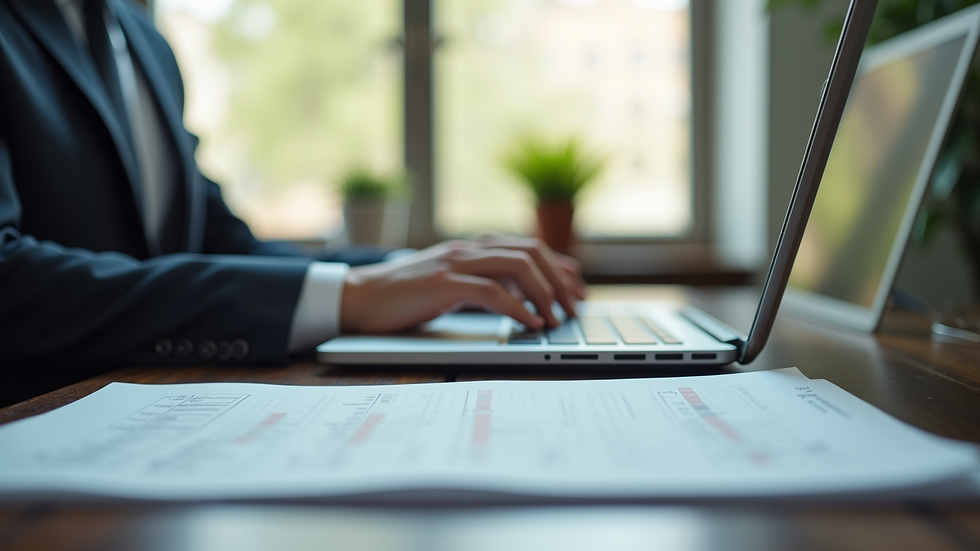 Vue rapprochée d’un bureau avec documents de gouvernance et ordinateur portable