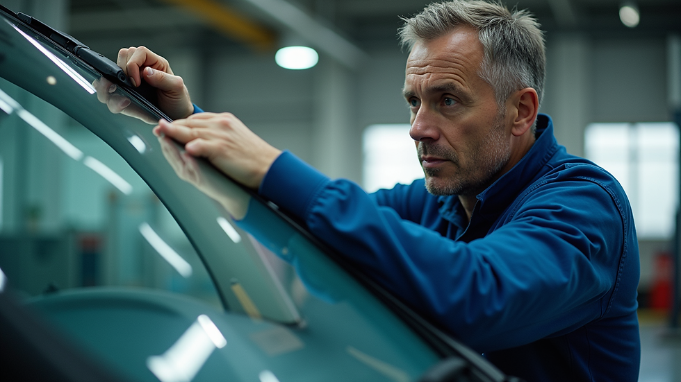 Eye-level view of a technician repairing a car windshield