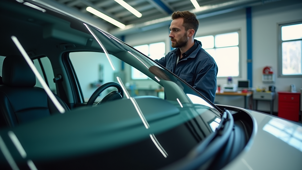 Eye-level view of a professional repairing a windshield