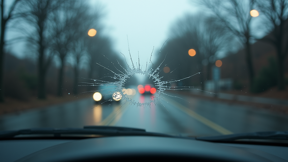 Eye-level view of a car windshield with a visible crack