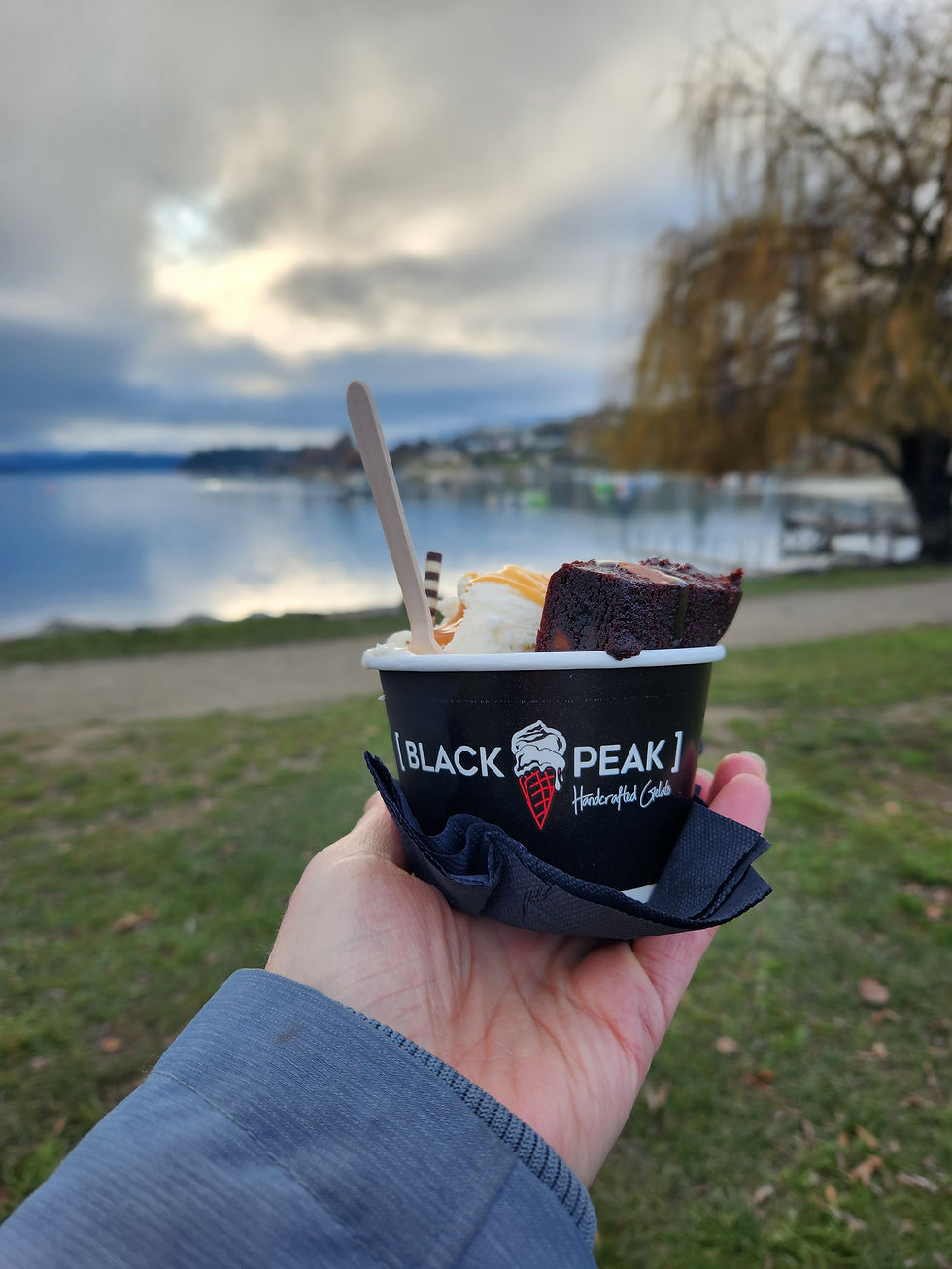 Hand holding a cup of gelato labeled "Black Peak" with a brownie piece, near a lake and cloudy sky. Peaceful, natural setting.
