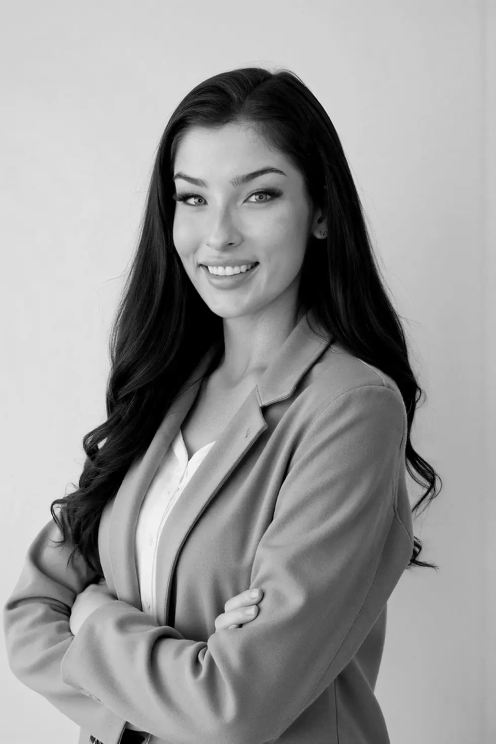 Black and white portrait of Olivia O’Rourke, founder of LuxeLink, smiling with arms crossed