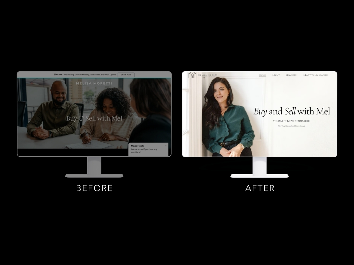 Before and after of the Melisa Moretti website redesign by LuxeLink for a real estate brand