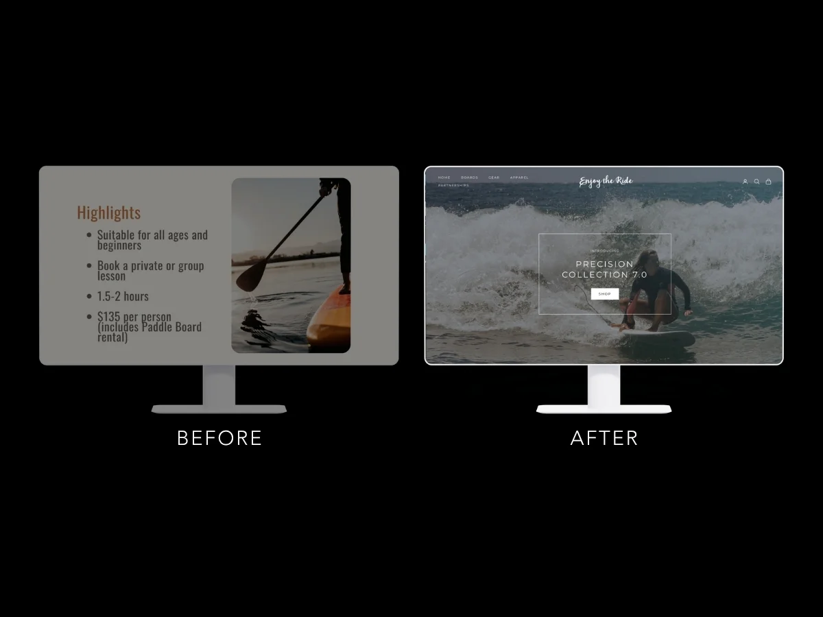 Before and after of the Enjoy the Ride website redesign by LuxeLink for a surf and paddleboard brand