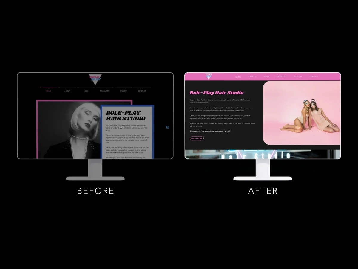 Before and after of the Role-Play Hair Studio website redesign by LuxeLink for a Victoria BC hair salon