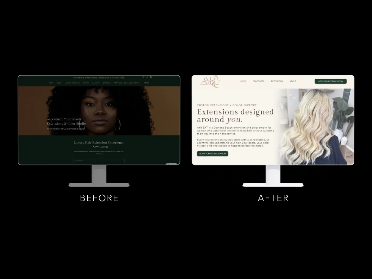 Before and after of the AYB EXT website redesign by LuxeLink for a hair extension and color studio