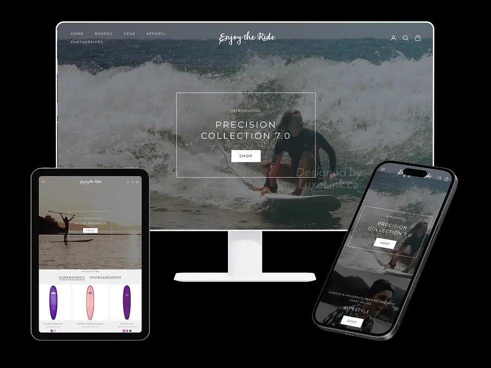 Enjoy the Ride surf and paddleboard website displayed across desktop, tablet, and mobile,