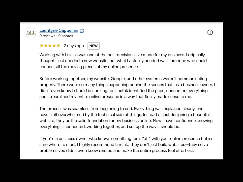 Google review from AYB EXT founder Leontyne Cappellan about working with LuxeLink on her website and online presence