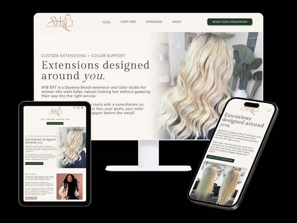 AYB EXT hair extension and color studio website displayed across desktop, tablet, and mobi