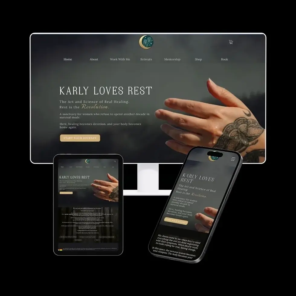 Karly Loves Rest website designed by LuxeLink across desktop, tablet, and mobile for a healing and rest-focused wellness brand
