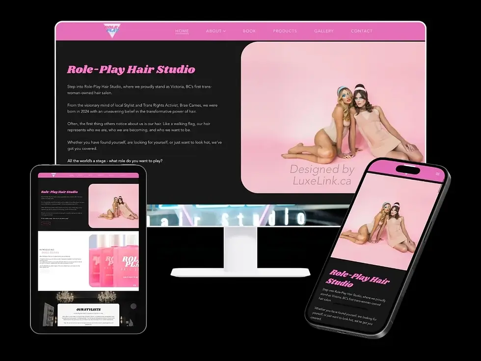 Role-Play Hair Studio website displayed across desktop, tablet, and mobile, showing LuxeLi