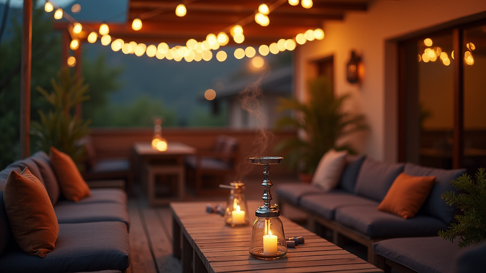 High angle view of a cozy outdoor lounge area with hookah and string lights