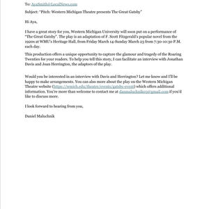 Western Michigan Theatre Presents "The Great Gatsby" Email Pitch
