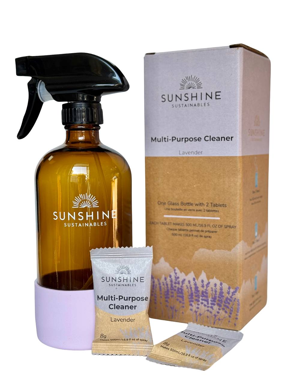 Thumbnail: SUNSHINE Multi-Purpose Cleaner Lavender spray bottle, refill box, two sachets.