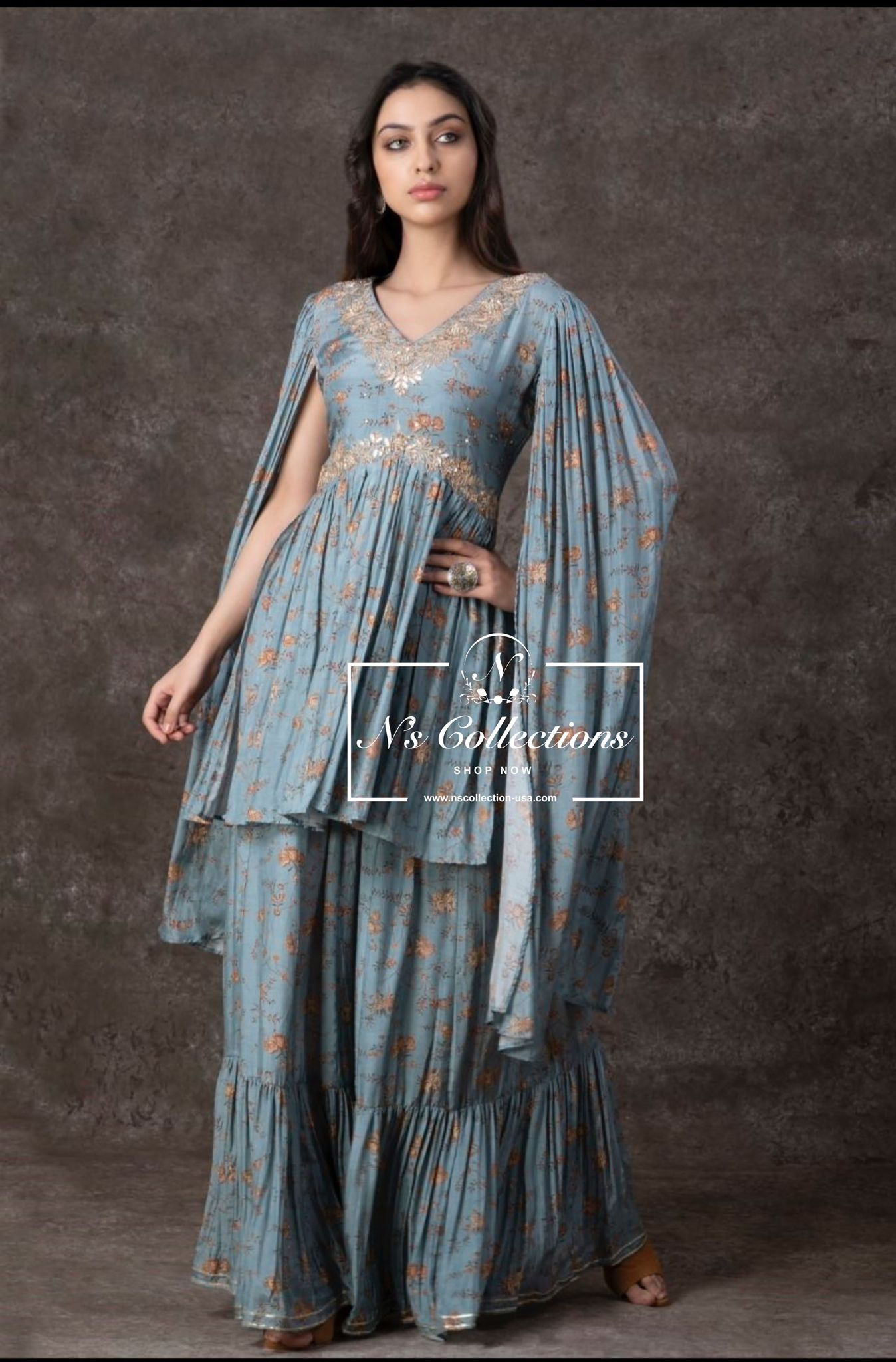 Frost Blue Peplum Kurta With Flounce Skirt -38/40 size