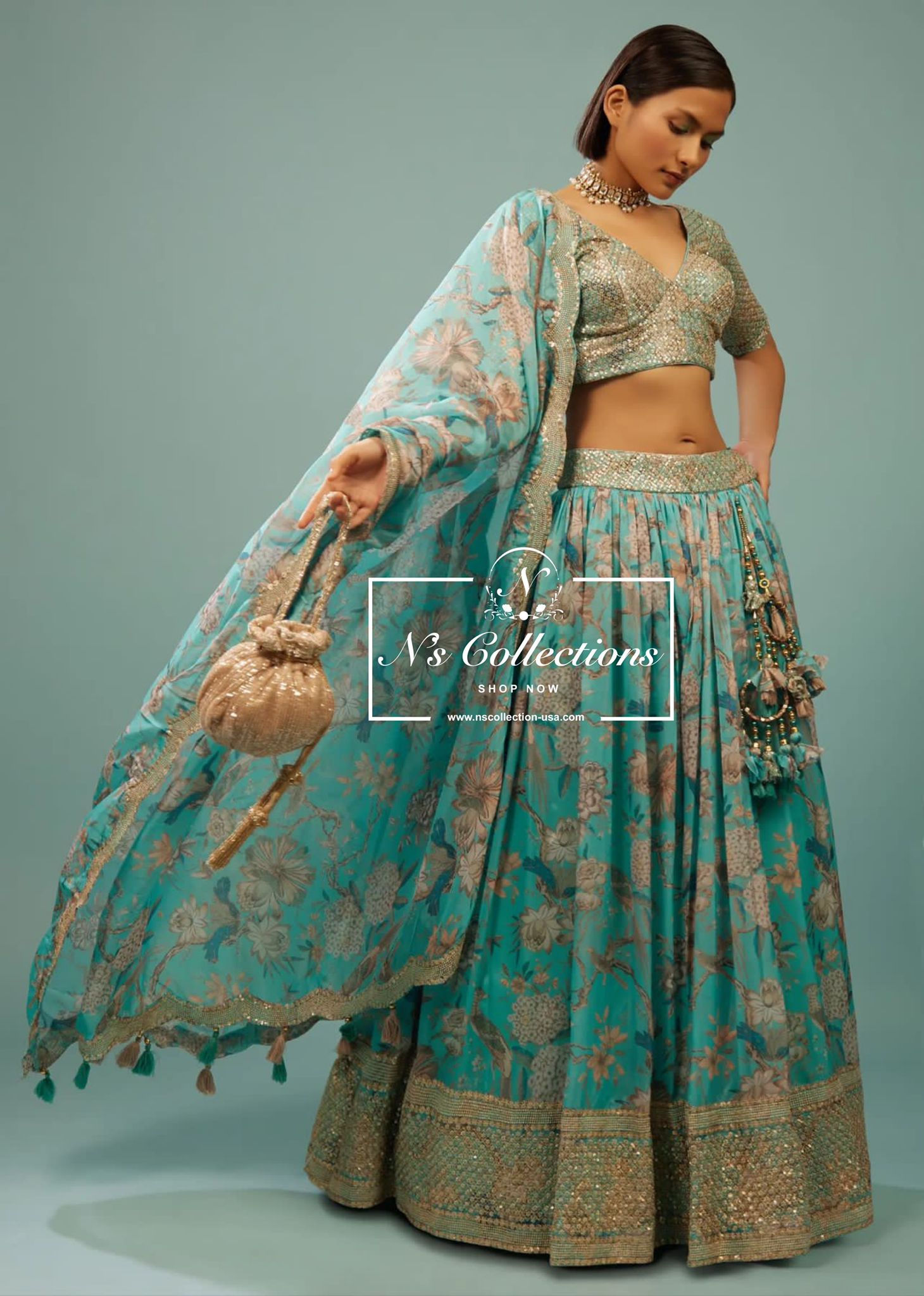 Turquoise Blue Floral Printed Lehenga in Organza with Sequins Work! Size 36/38
