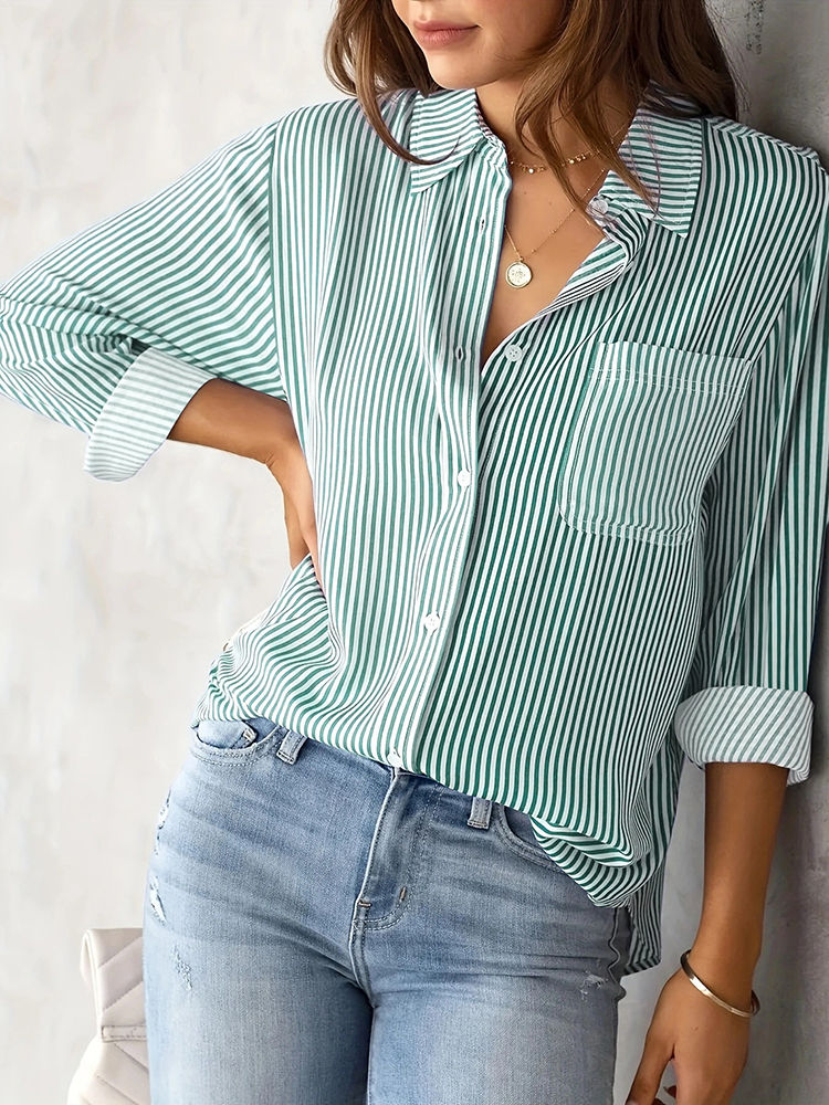 Thumbnail: Women Long Sleeve Striped Loose Shirt Office Lady Elegant Turn Down Collar Haraj