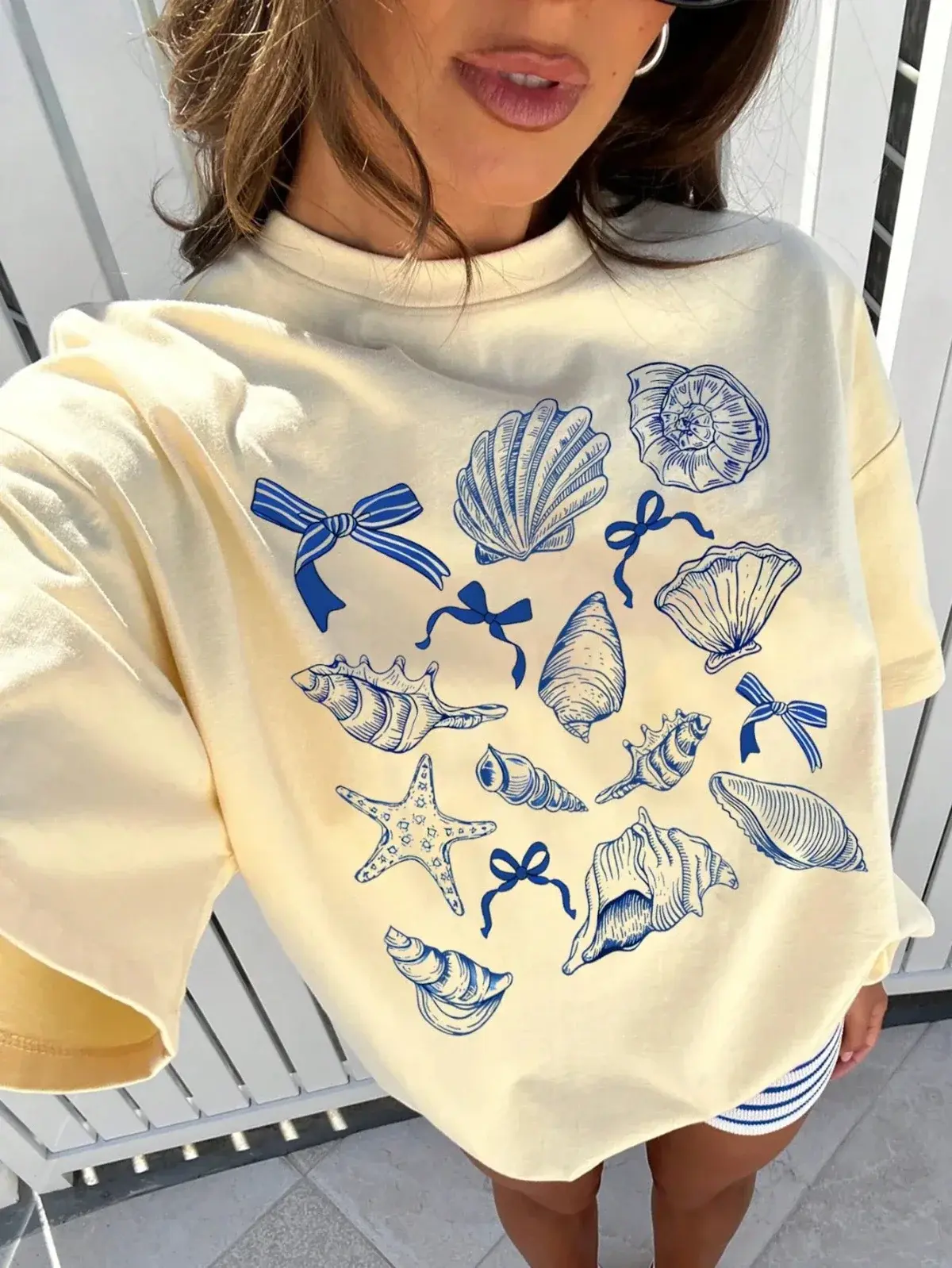 Summer American Retro Marine Animal Conch Bow Pattern Women's Round Neck Street