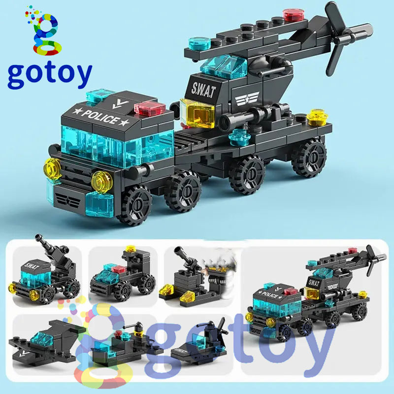 Thumbnail: 123Pcs 6 In 1 Mini SWAT Police Truck Model Building Blocks Helicopter Car