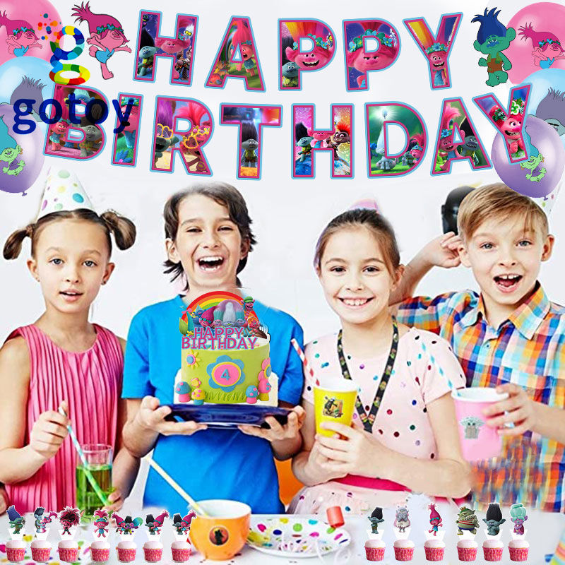 Thumbnail: Trolls Happy birthday flag and balloon set cake topper