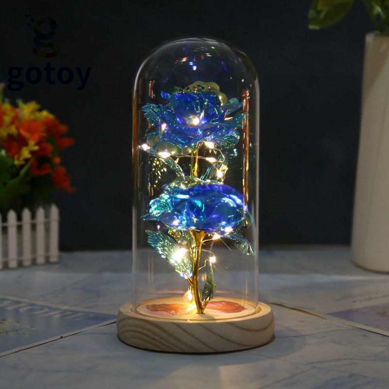 Blue Galaxy Double Rose Flower Gift Beast Rose in Glass Dome worm yellow Light