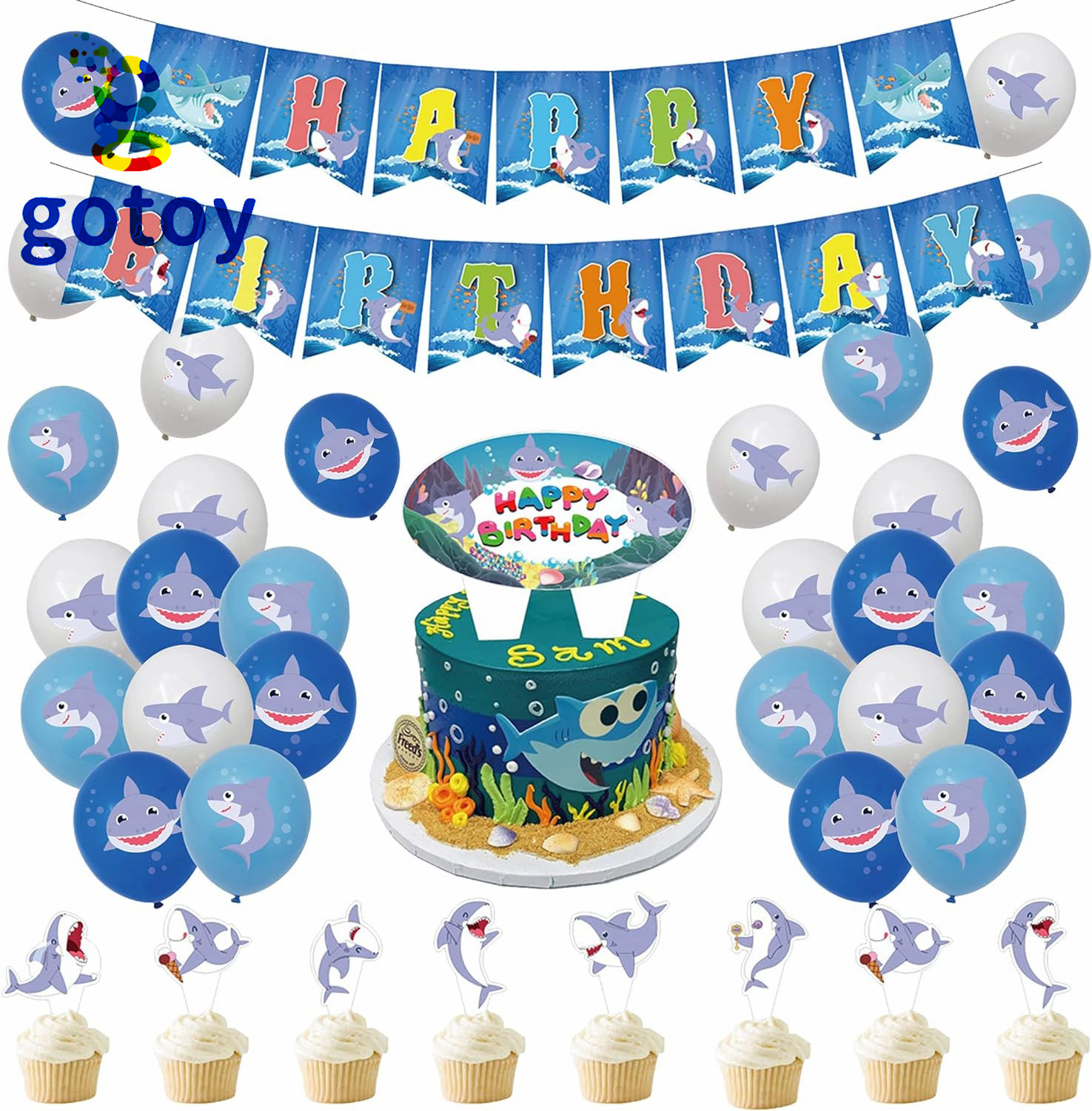 Shark Marine Animals Party Supplies Happy Birthday Banner Balloon Cake Toppers