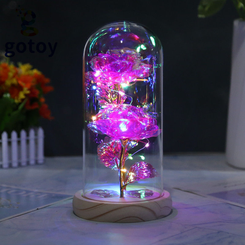 Pink Galaxy Double Rose Flower Gift Beast Rose in Glass Dome Colorful Led