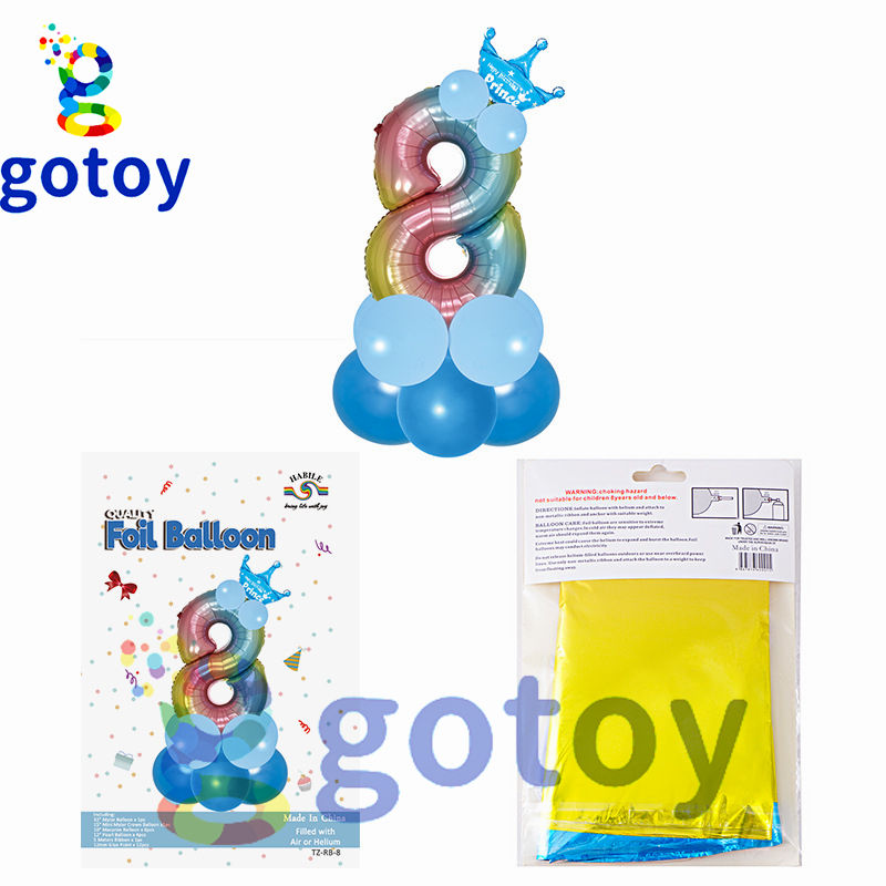 Thumbnail: 12pcs 32 inch Blue Rainbow Crown Foil Number Balloon