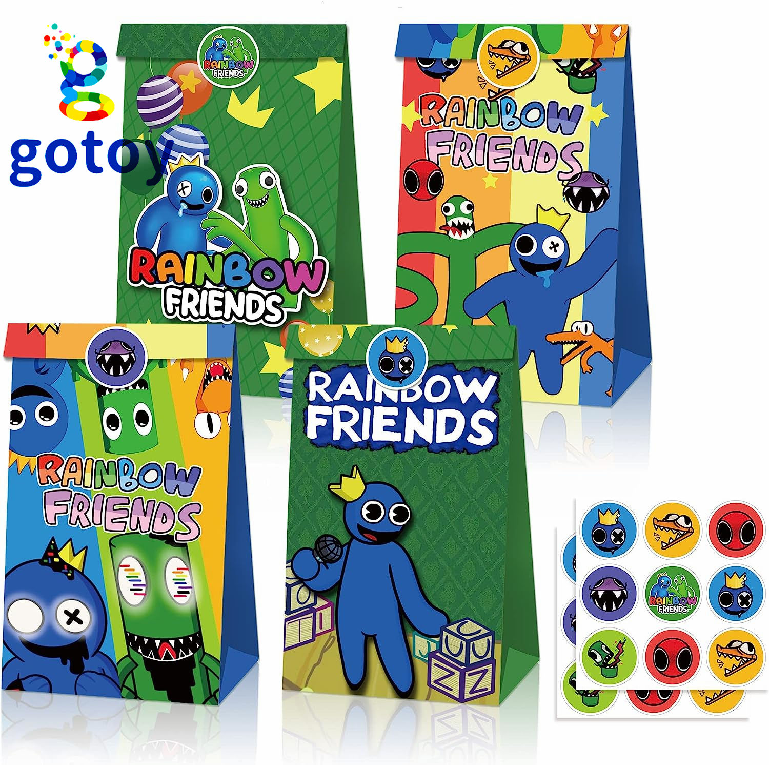 12Pcs Rainbow Friends Paper Gift Bag Candy Bags Birthday Supplies 18pcs stickers