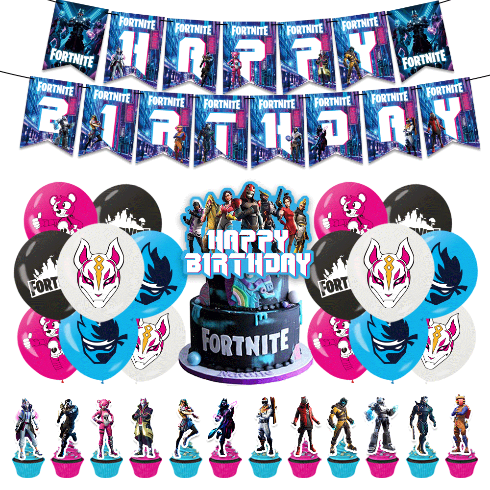 Fortnite game happy birthday flag and balloon set cake topper nzgotoy 1