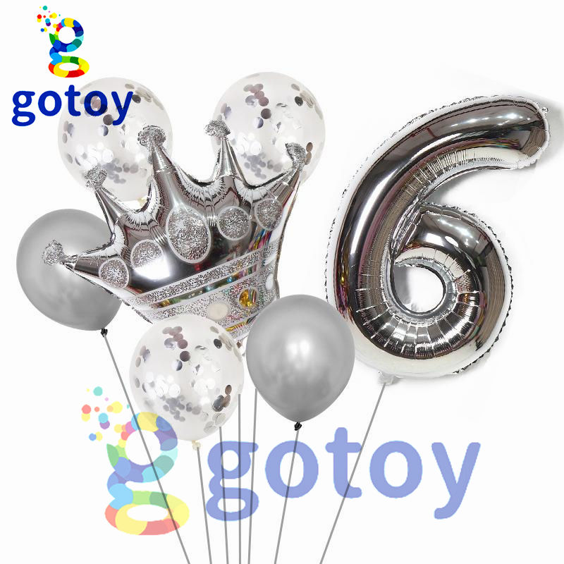 Thumbnail: 7pcs Silver Crown Helium Number balloon set