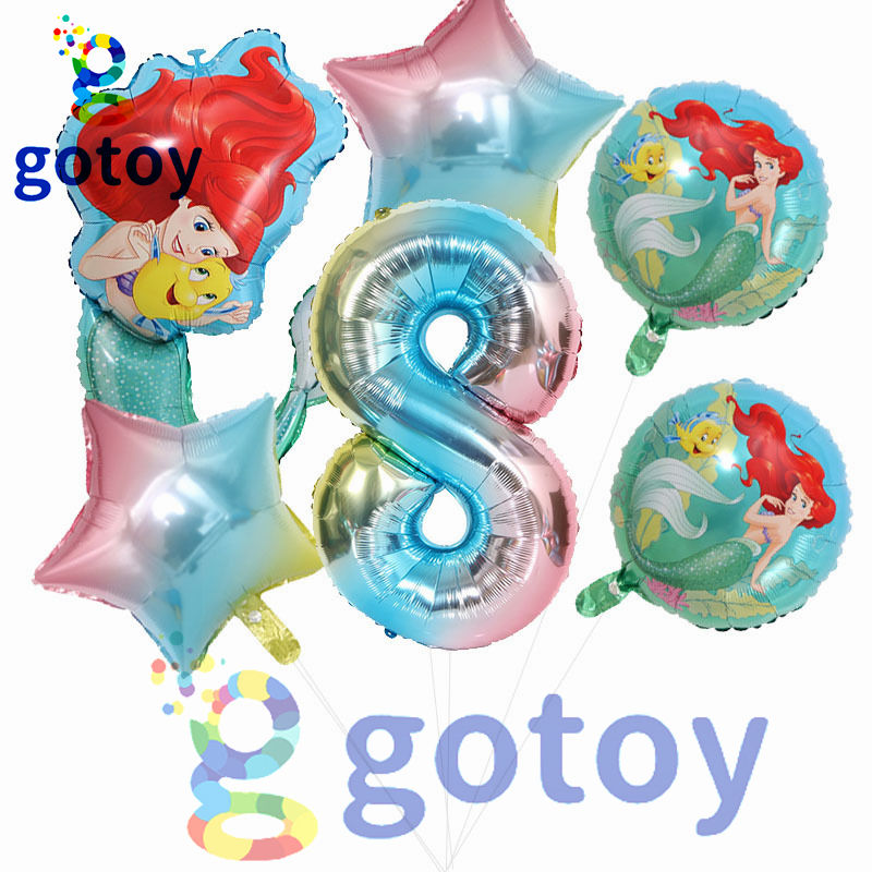 Thumbnail: 6pcs Rainbow Mermaid Number Balloon Set
