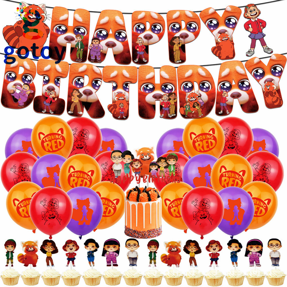 Turning Red happy birthday flag and balloon set
