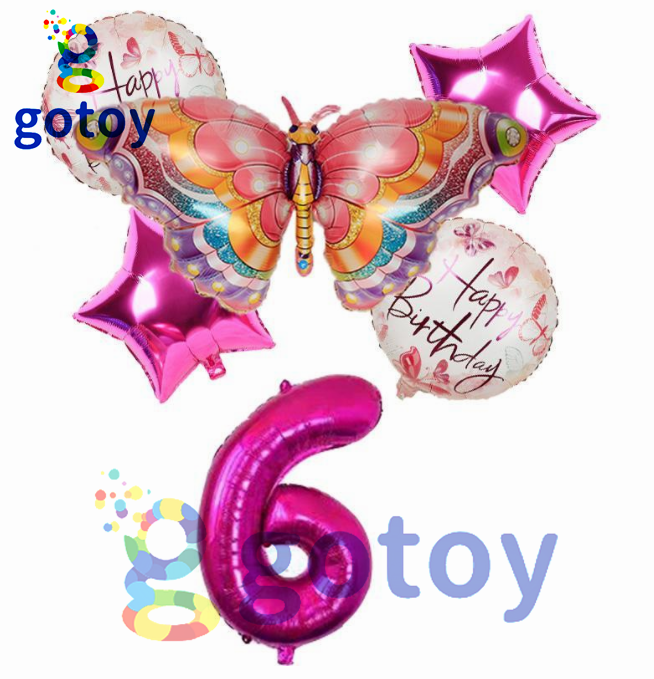 Thumbnail: 6pcs Pink Butterfly Animal Number Balloon Set
