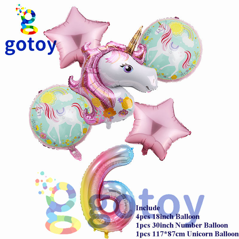 Thumbnail: 6pcs Unicorn Rainbow Number Balloon Set