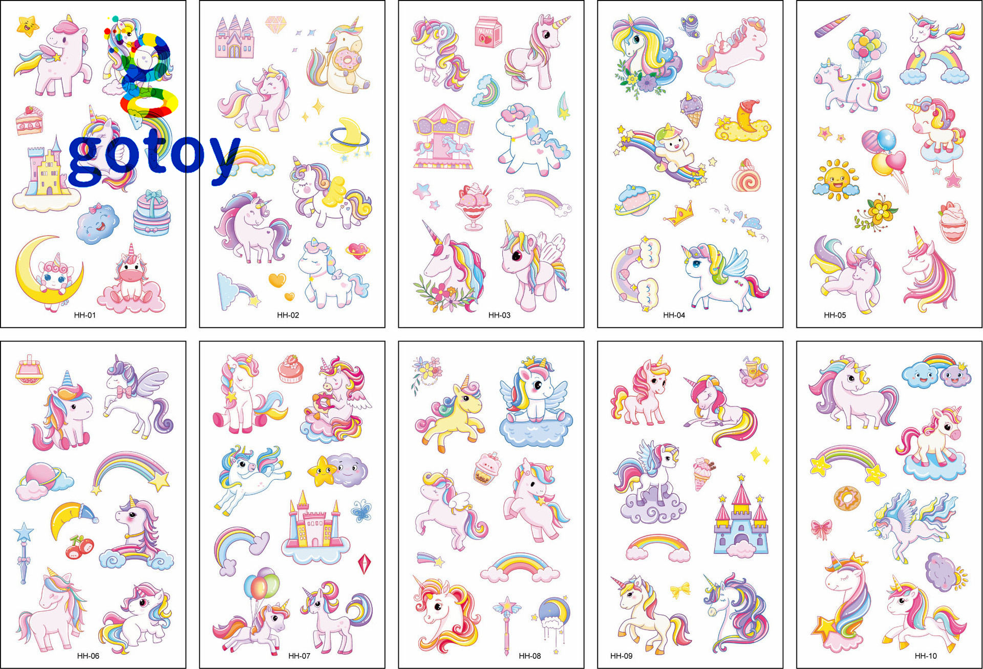 10 Sheet Cute UnicornTattoos Cartoon Kids Children Birthday Party