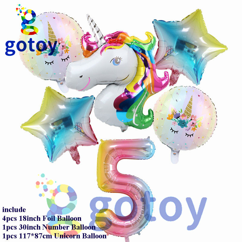 Thumbnail: 6pcs Unicorn Rainbow Number Balloon Set