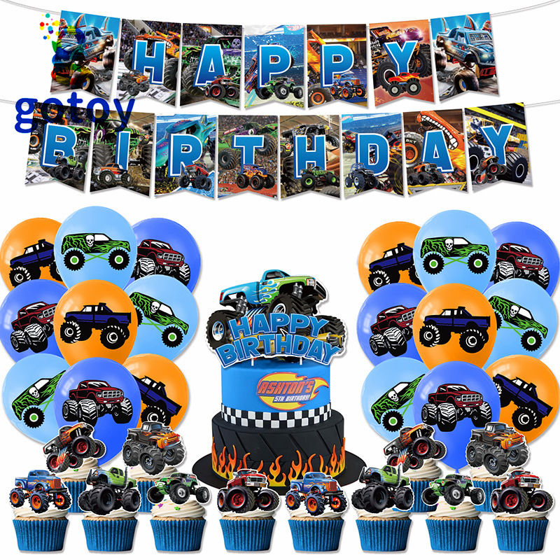 Monster Truck Happy birthday flag and balloon set cake topper