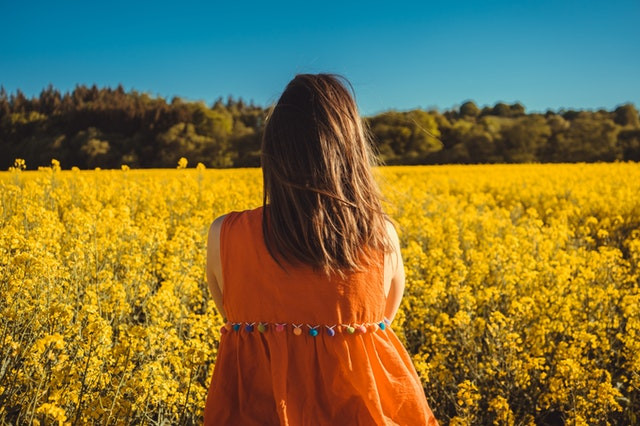 woman looking at field of yellow flowers