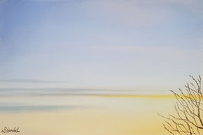 Dessin au pastel sec représentant un coucher de soleil très épuré et aux couleurs douces et pales.