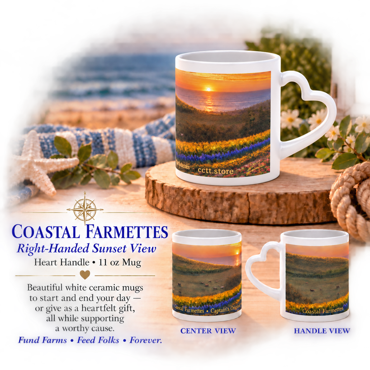 Coastal Farmettes Heart Shaped Mug - Right-Handed Sunset View 11oz.